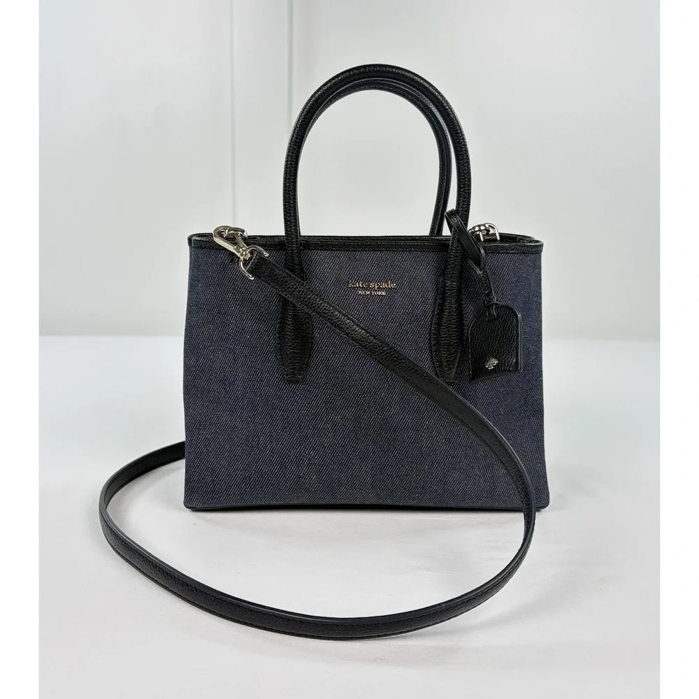 Kate Spade Eva Small Satchel Crossbody Bag Dark Blue Denim Black Leather Charm